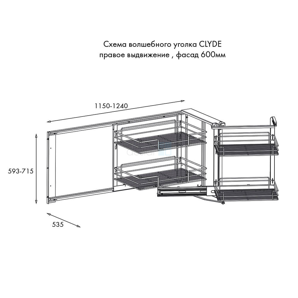 Волшебный уголок CLYDE, выдвижной фасад 600 мм, правый, хром Duslar